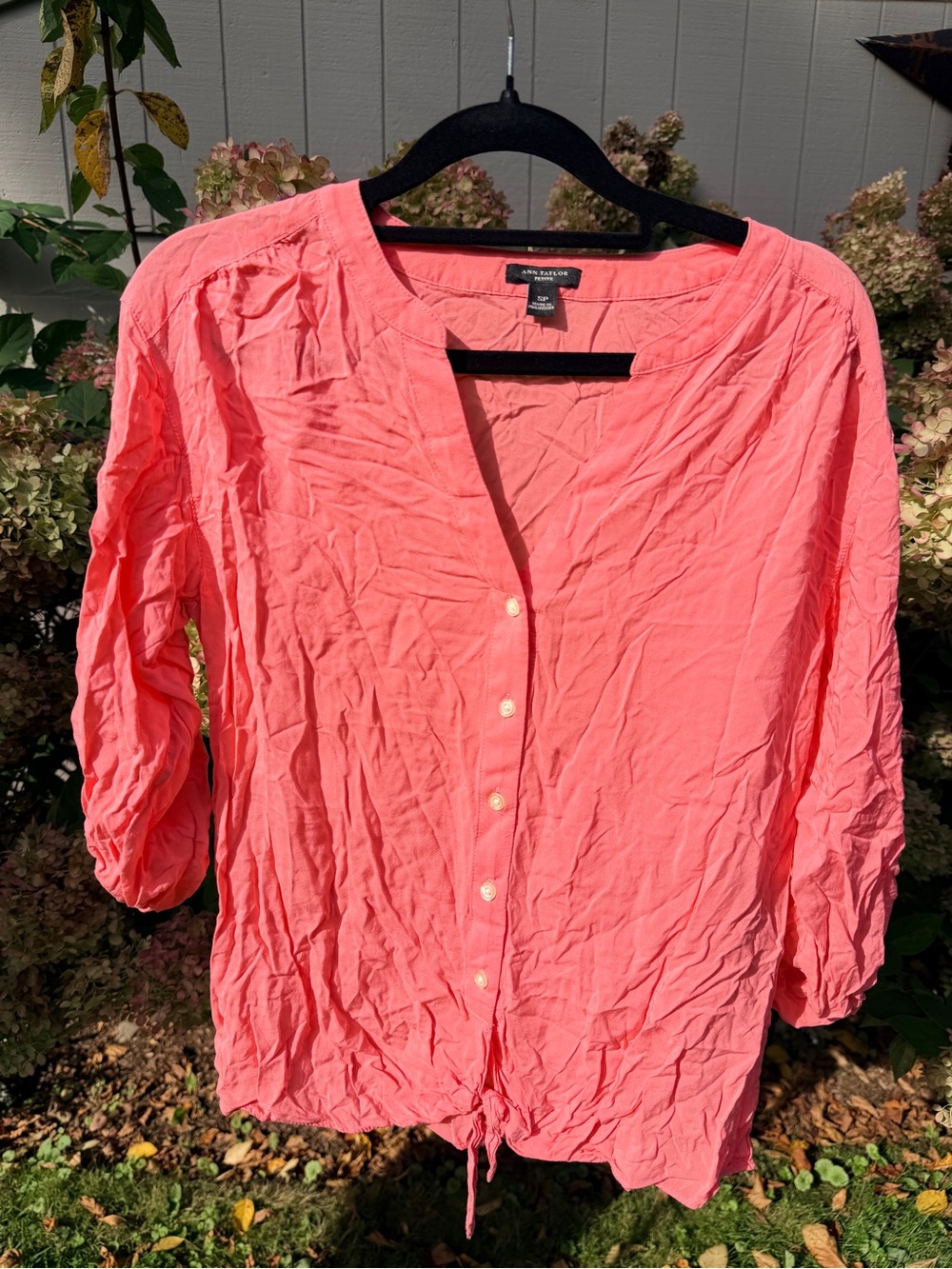 Ann Taylor Coral-Pink Button Front Tie Hem Blouse
